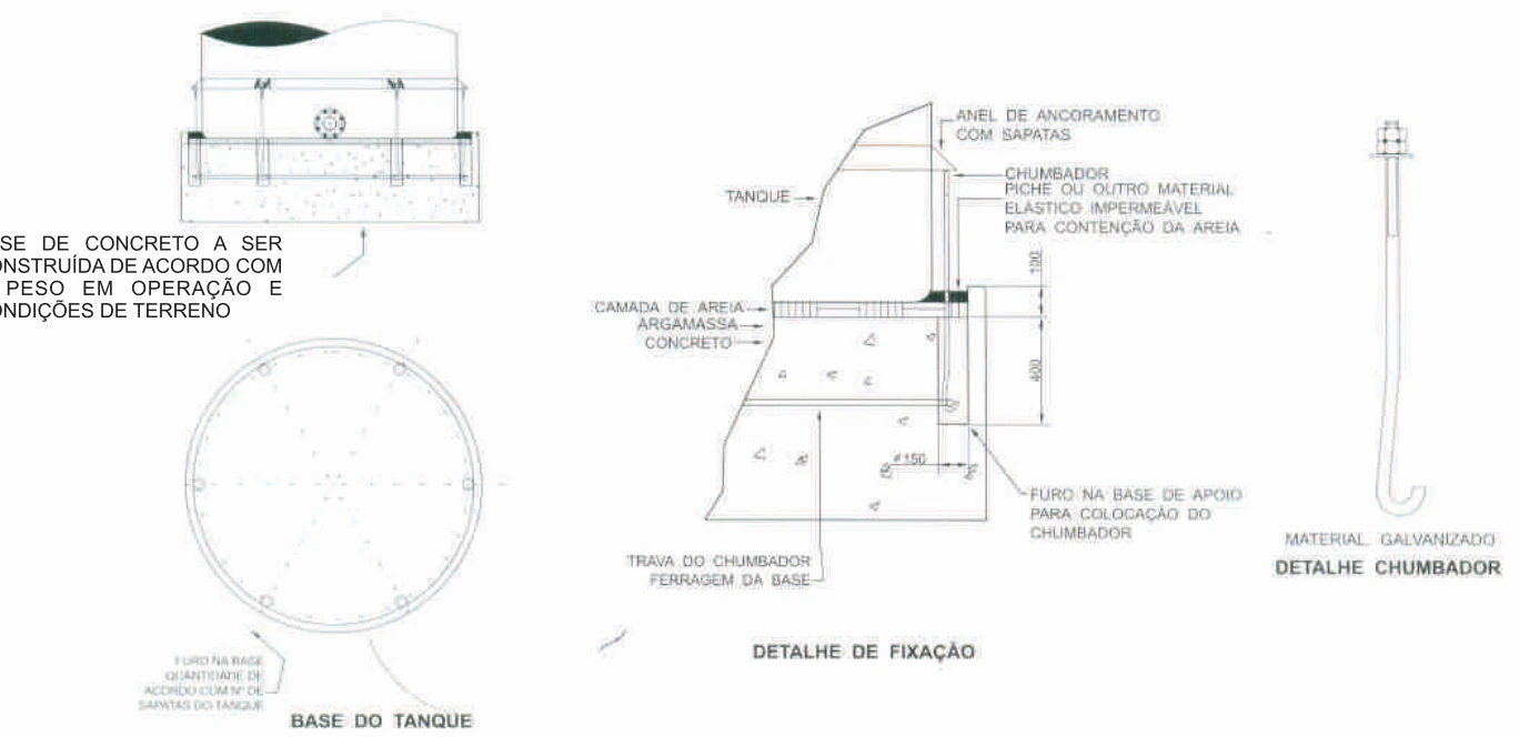 Figura 7 do manual: base do tanque vista de cima, detalhe de fixação em corte e detalhe do chumbador
