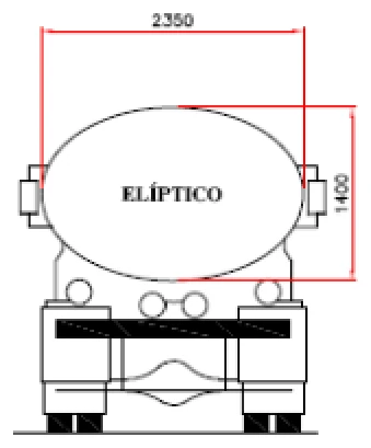 Desenho do manual: tanque elíptico visto de frente, 2350 por 1400 mm