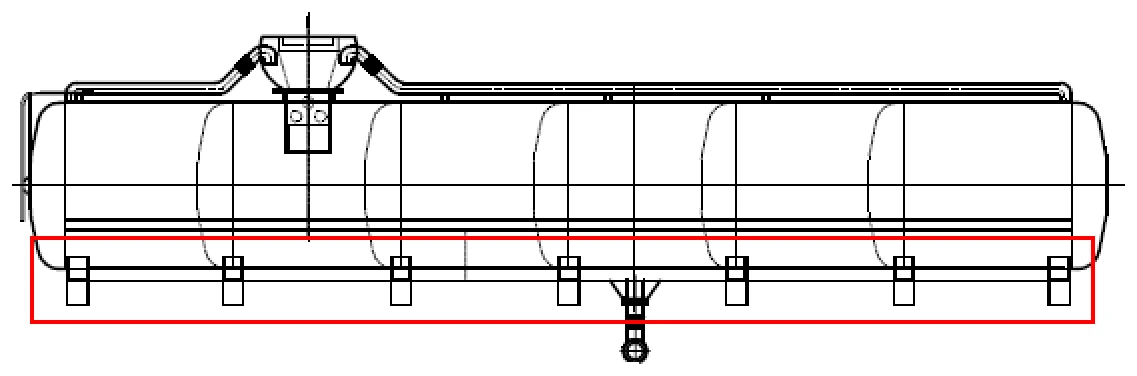 Desenho do manual: vista lateral do tanque com os berços destacados por um retângulo vermelho