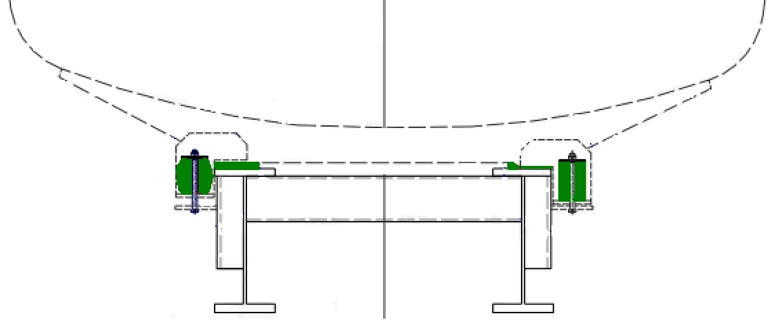 Desenho do manual: tanque visto de frente sobre o chassi, com os amortecedores verdes dos dois lados