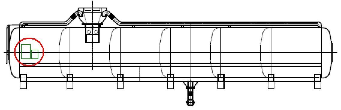 Desenho do manual: vista lateral do tanque com a posição da etiqueta circulada em vermelho